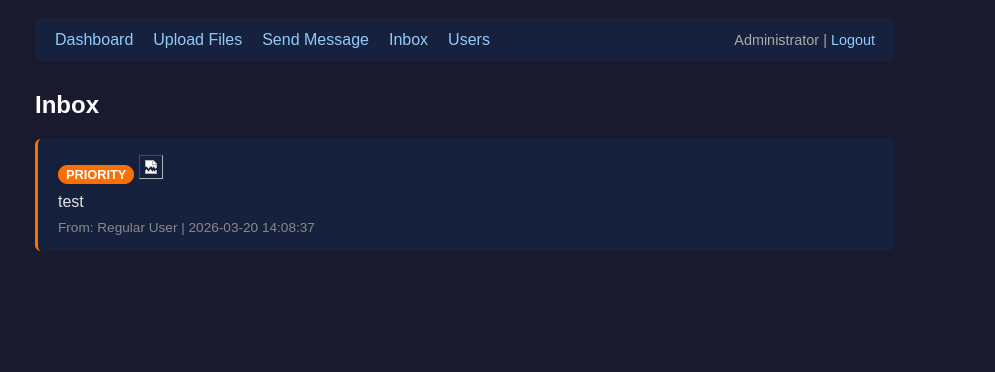 The admin inbox. The broken image icon is the only visible sign anything happened. The XSS has already fired.